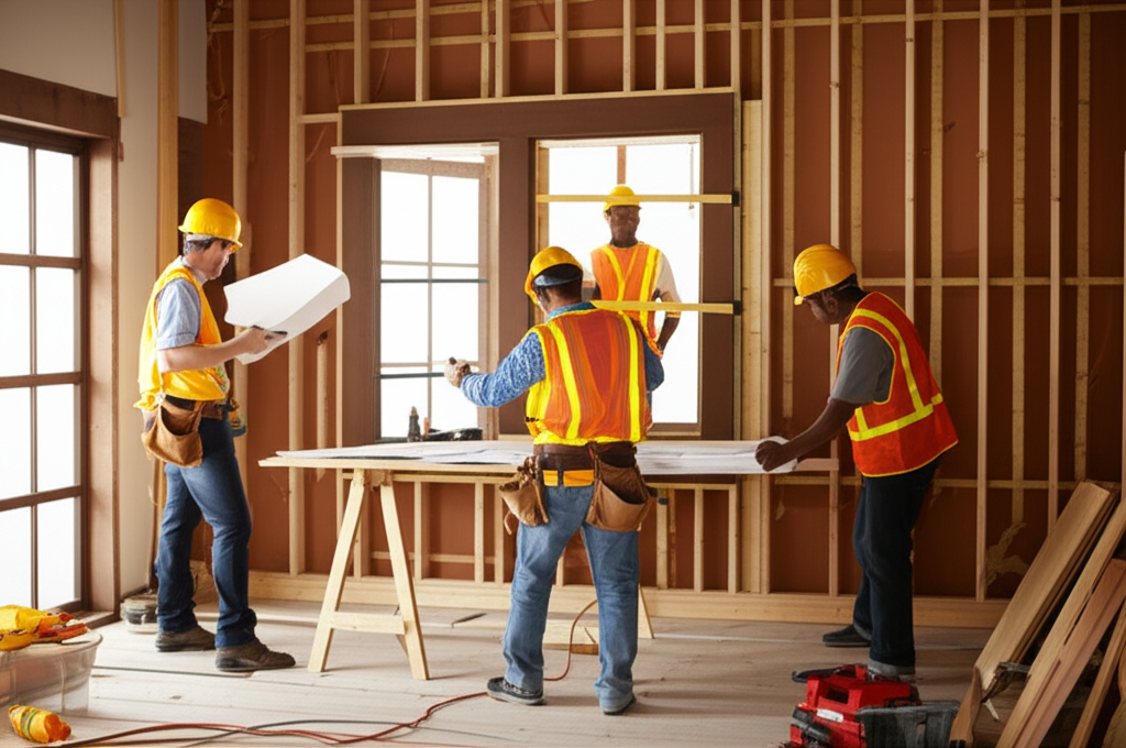 Professional construction team working on a home renovation project